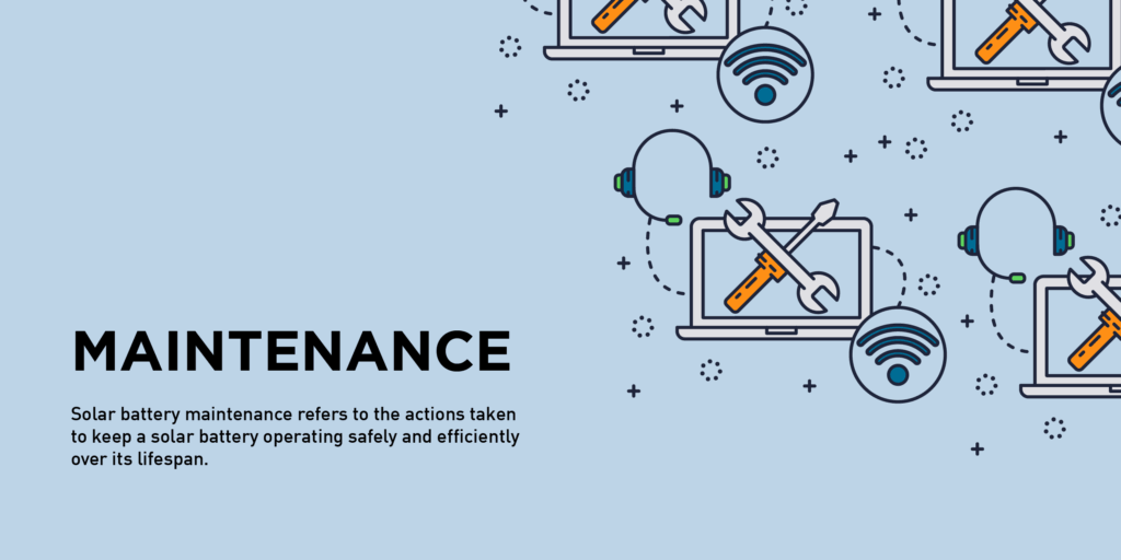 How Long Do Solar Batteries Last-02 Graphic showing the maintenance needs of a solar battery, using icons for support, tools, and Wi-Fi to represent remote monitoring and upkeep